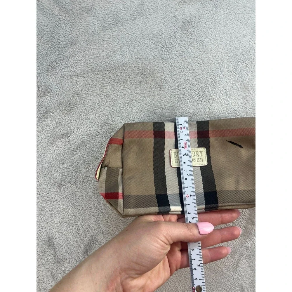 Burberry Tan Plaid Cosmetic Pouch Logo Makeup Bag Beige Zip Travel Case